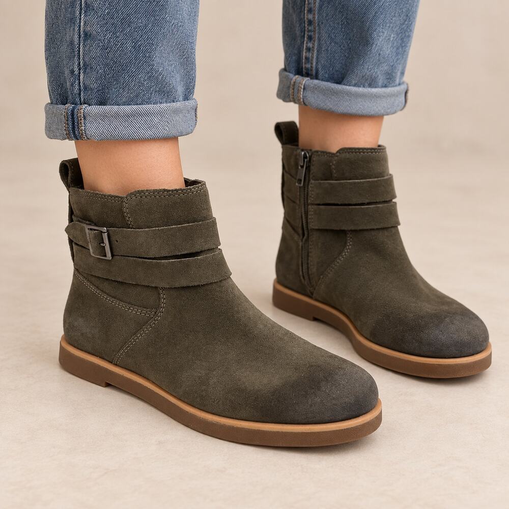 UGG Josefene Olive Gray Suede Buckle Ankle Boots Women's 8 Zip 1130526